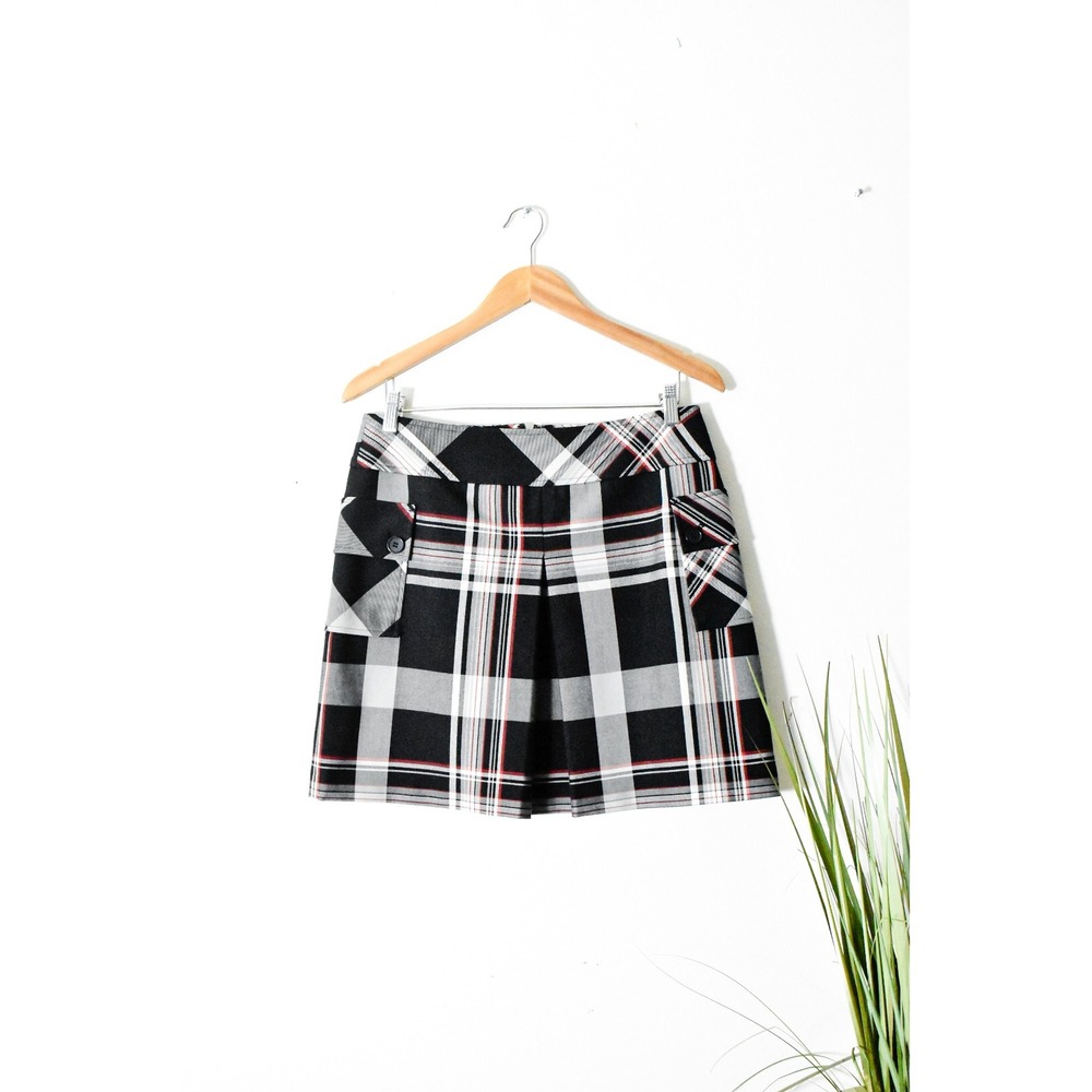 Ann Taylor LOFT Mini Skirt Women 12P Black Plaid Y2K Preppy Pleated Cargo Pocket